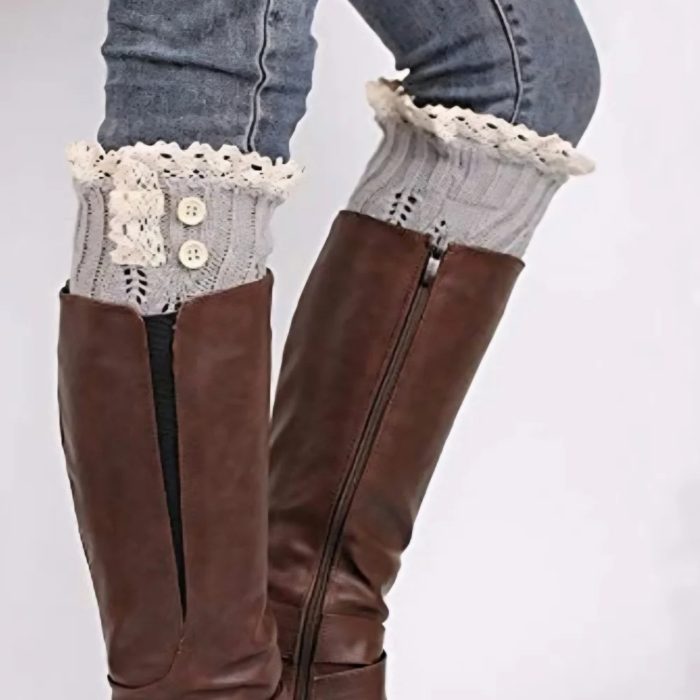 Girly Knit Lace Trim Boot Topper Boot Cuff Gray